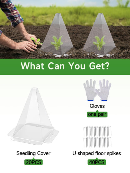 SENWELL-KA 20 Pack Garden Cloches for Plants - Clear Reusable Plastic Seedling Covers with 40 Metal Stakes - Mini Greenhouse Plant Bell Covers for Frost, Sun, Pests Protection(7.8" x 11")