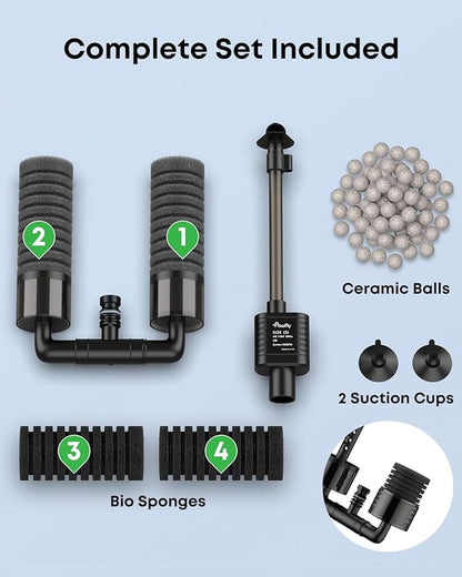 Pawfly Aquarium Sponge Filter, 70 GPH Fish Tank Filter, 3 W Submersible Small Aquarium Filter with Water Pump, Double Foams & Ceramic Balls, Quiet Bio Sponge Filter for 10-40 Gallon Tanks