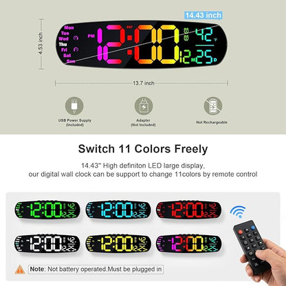 ANALOI Large Digital Wall Clock,14.4 inch Large Display Digital Clock with Auto Dimming, Temperature and Date, Remote Control, Night Light,DST, Alarm for Classroom/Gym/Bedroom