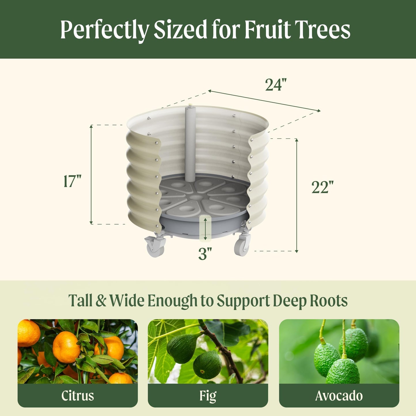 Rolling Metal Citrus Tree Planter, Self-Watering Round Large Pot for Growing Trees Tomatoes Outdoor Plants Vegetables and Flowers, Raised Garden Bed with Wheels for Porch Patio & Backyard, Modern Gray