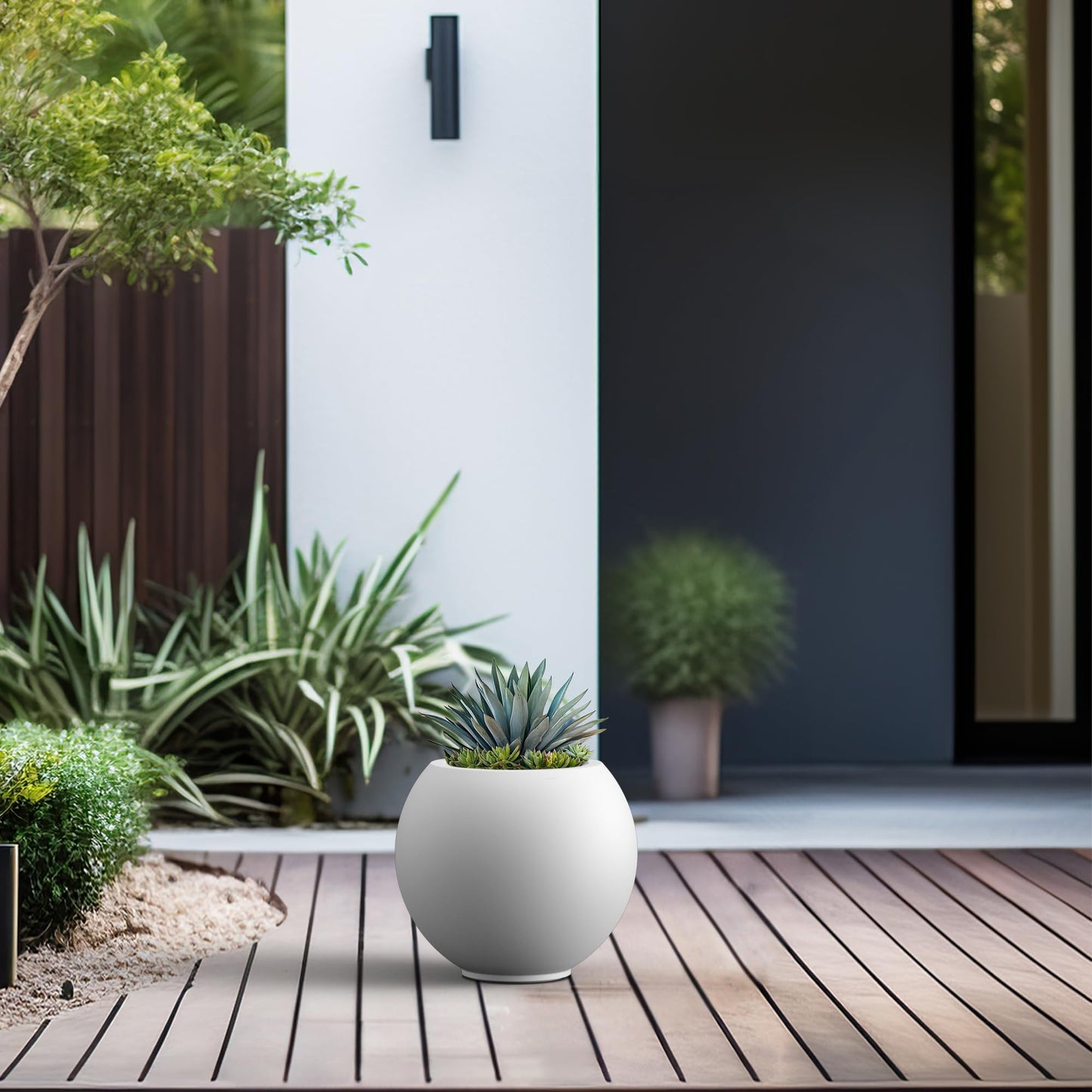 Kante Round Concrete Flower Pot, 11 Inch Dia (7.9" Opening) Sphere Shape Design Planter with Drainage Hole and Rubber Plug for Indoor & Outdoor Plants, White Finish with Painted Interior