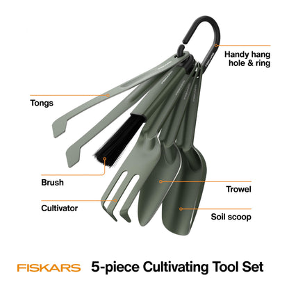 Fiskars 5-Piece Plant Cultivating Tool Set, Nesting Trowel, Soil Scoop, Cultivator, Tongs & Brush for Indoor Gardening, Stainless Steel w/Green Powder Coat Finish, Space Saving Design for Houseplants