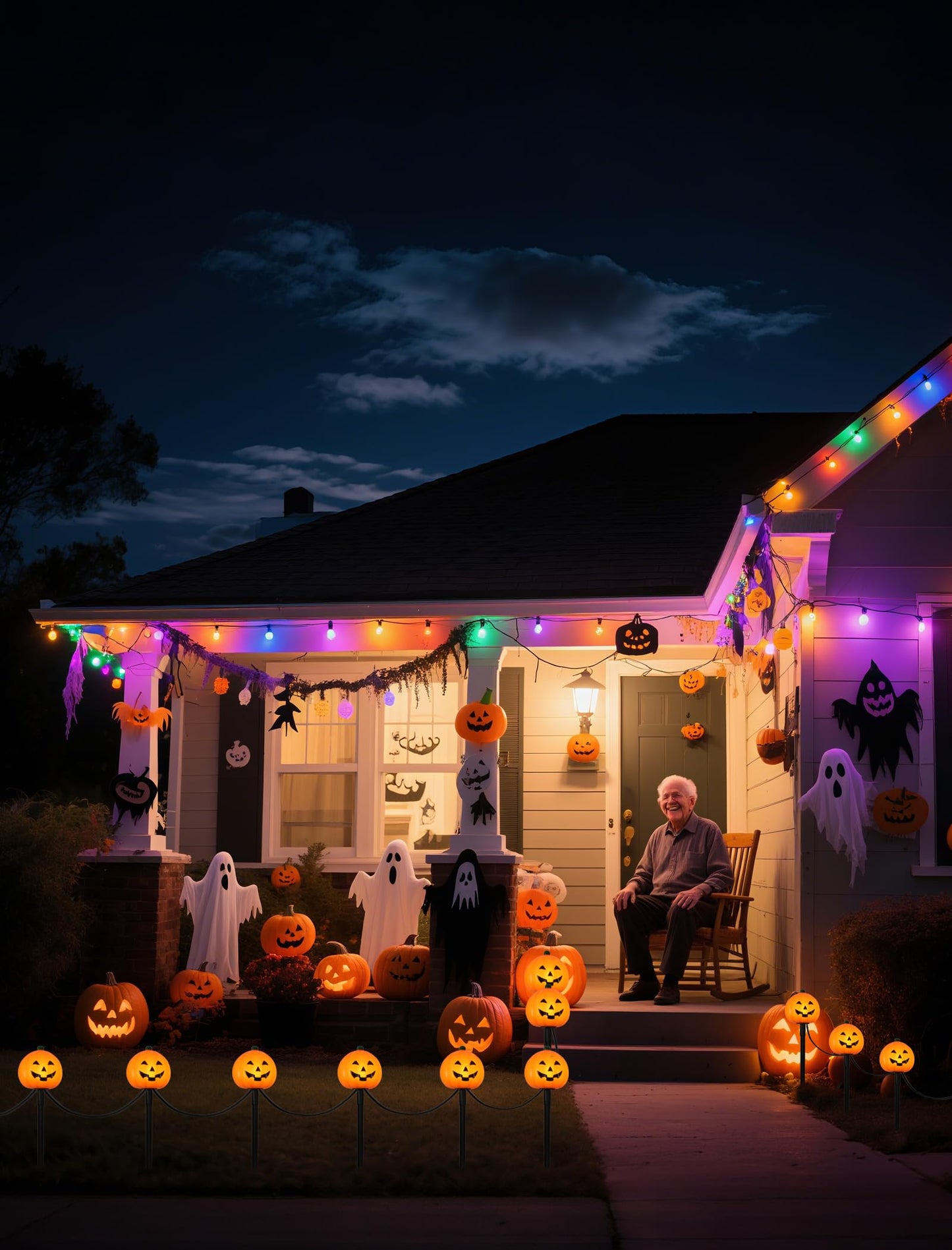 4 Pack Halloween Pumpkin Pathway Marker Lights with C7 Clear Bulbs, 7Ft Pumpkin Night Light with 4 Stakes, Extendable Waterproof Pathway Decor for Yard Porch Lawn Pathway Garden Chirstmas