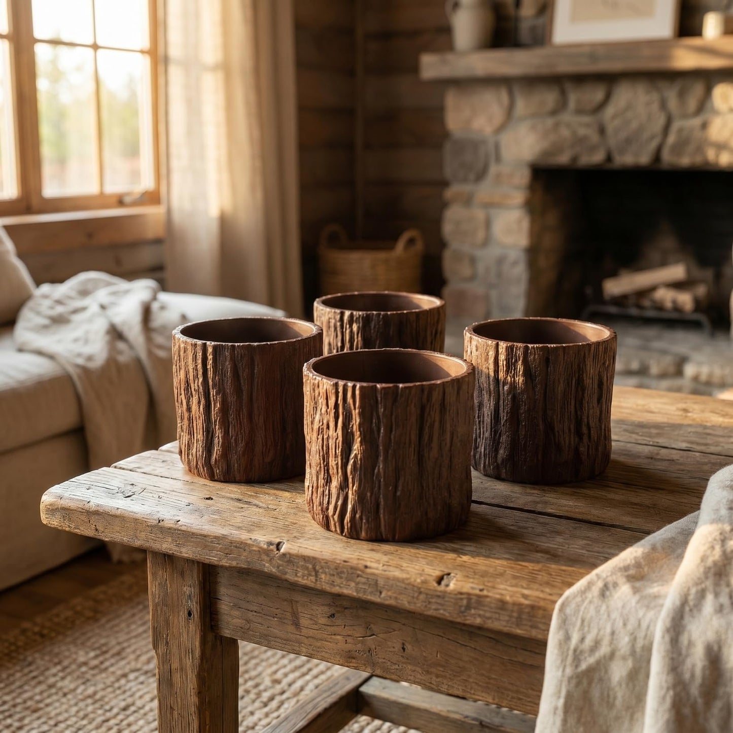 SHINEOFI 4pcs Mini Faux Wood Flower Pots Wooden Centerpieces for Tables Small Plastic Succulent Pots for Table Centerpiece Floral Boxes for Arrangements