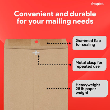 Staples 9 x 12 Kraft Clasp Catalog Envelopes, Brown, Eco‑Friendly Heavyweight Mailing Envelopes with Metal Clasp & Gummed Seal, 100/Pack