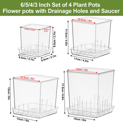 IWNTWY Clear Plant Pots, 6/5/4/3 Inch Set of 4 Flowers Pot with Drainage Holes and Saucer for Indoor Outdoor Plants, Breathable Plastic Planters Orchid Pot for Repotting