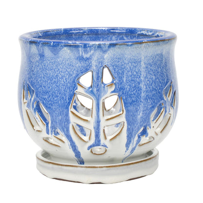 W&W Orchid Pot with Holes and Saucer for Repotting and Better Grow, Blue and White, 6.5 Inches
