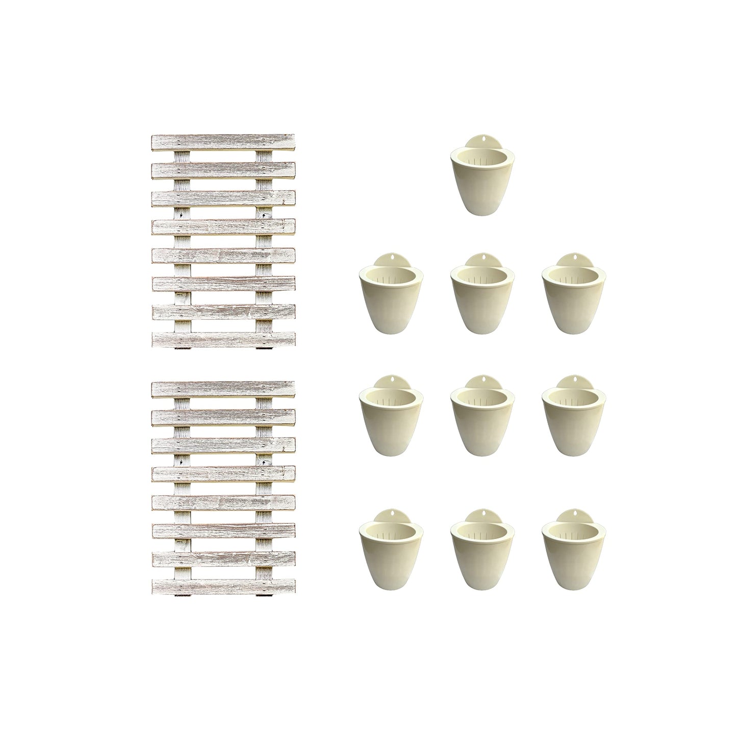 ShopLaLa Bundle- 4" White Self Watering Plastic Pots x 10 Pack + White Wooden Hanging Planters x 2 Pack Vertical Wall Mounted Pot Holder Indoor Plants Modern Hydroponic Herb Succolent Garden LaLaGreen