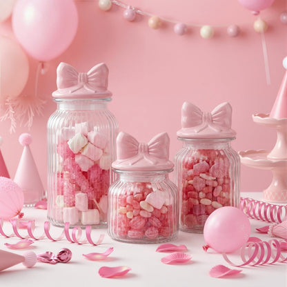 Potchen 3 Set Candy Jars Airtight Glass Cookie Jars with Ceramic Lid Cute Clear Cookie Storage Canister for Spring Summer Baby Shower Party(Bow and Stripes,Pink)