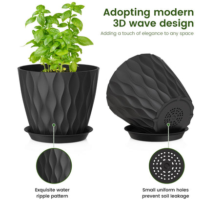 Meowell 7/6.5/6/5.5/5/4.5/4 inch Plant Pots for Indoor Outdoor Plants, 7 Pack Thick Flower Pots with Drainage Holes and Saucers, Modern Wave Texture Plastic Planter Pots for Nursery, Succulent, Black