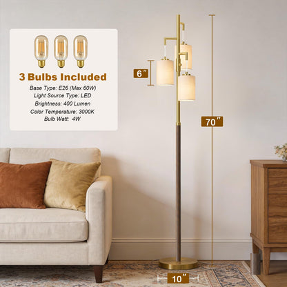 G-SAFAVA 70" Dimmable Floor Lamp Wood Floor Lamps for Living Room Bedroom Mid Century Modern Floor Lamp Gold Standing Lamp Tall Lamps for Office Nursery Reading Elegant Stand Up Lamp, 3 Bulbs Included