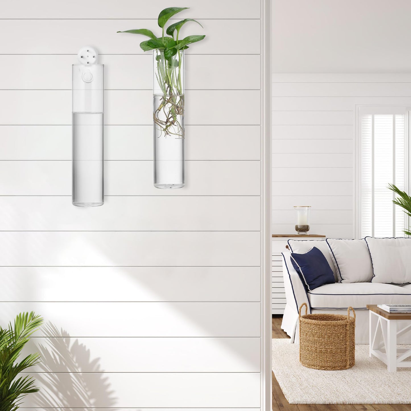 FOMIYES Wall Hanging Glass Planter Vase Set, 2pcs Large Cylinder Glass Wall Vases for Indoor Plants, Hydroponic Propagation Station and Terrarium Flower Holders, Home Décor