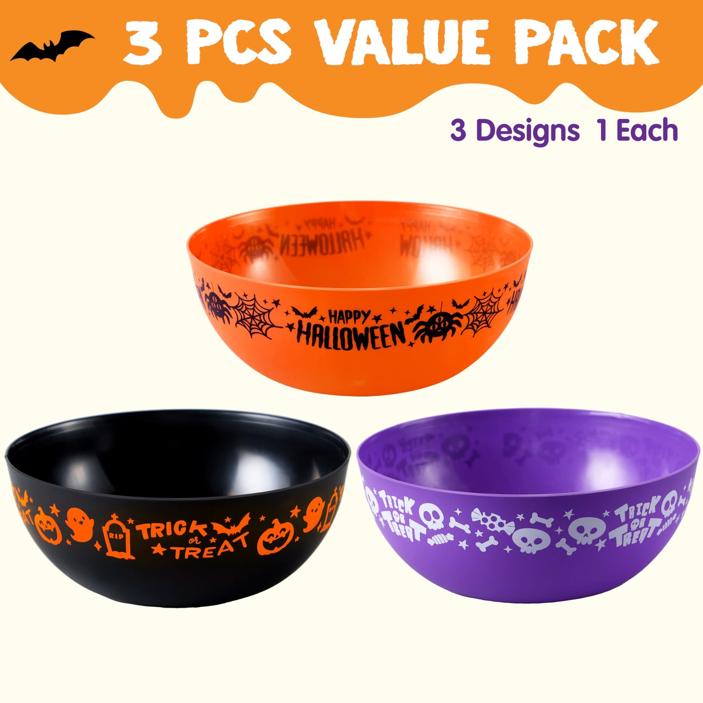 JOYIN 3 PCS Halloween Candy Bowls, 9.6" * 4.4" Trick or Treat Bowls, Plastic Orange Halloween Serving Dish, Purple Witch Cup, Black Pumpkin Candy Holder for Kids Party Favor Supplies, Table Decor