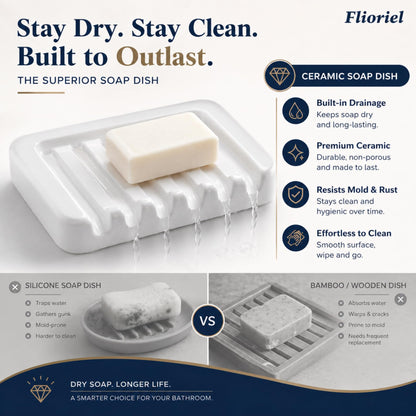 Flioriel White Ceramic Soap Dish, Self Draining Soap Holder for Shower & Bathroom Sink, Porcelain Soap Tray with Anti-Slip Silicone Pads, Easy to Clean & Keep Soap Dry, Modern Minimalist (White)