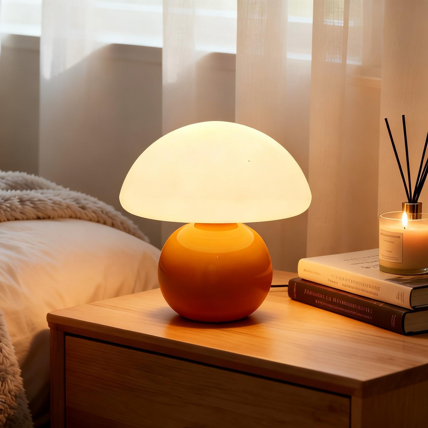O-FarFarm 3-Way Dimmable Orange Mushroom Lamp - Plug Powered Small Desk Table Lamp with Dimmable Ambient, Night Light for Bedroom, Office,Nursery,Home Living Room Decor, Gift for Kids Teens & Adults