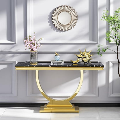 2 Piece Living Room Table Set Include 1 Faux Marble Coffee Table & 1 Console Table, Modern Black Gold Coffee Table Set of 2 with Double O Shape Stainless Steel Pedestal Base
