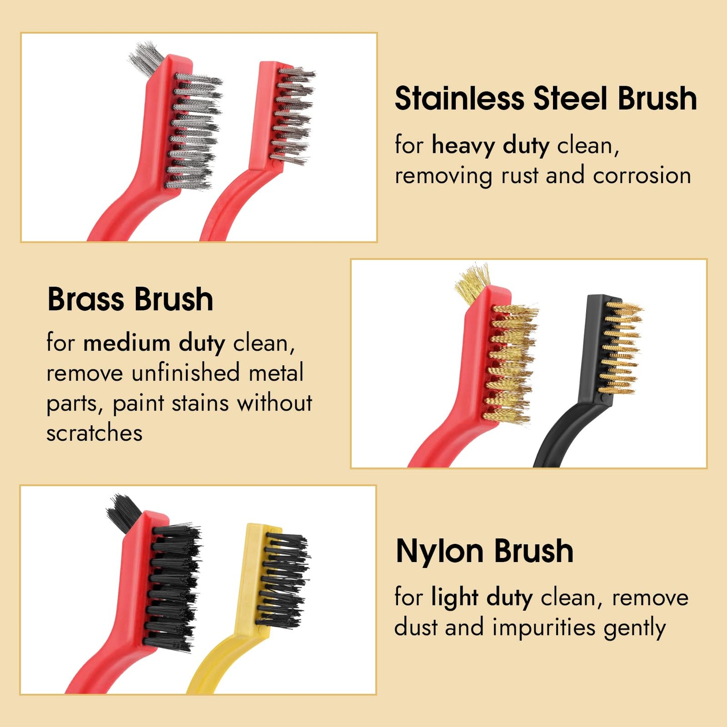 6 Pieces Wire Brushes Set, Small Metal Brass/Stainless Steel/Nylon Brushes for Cleaning Metal Rust and Paint Removal