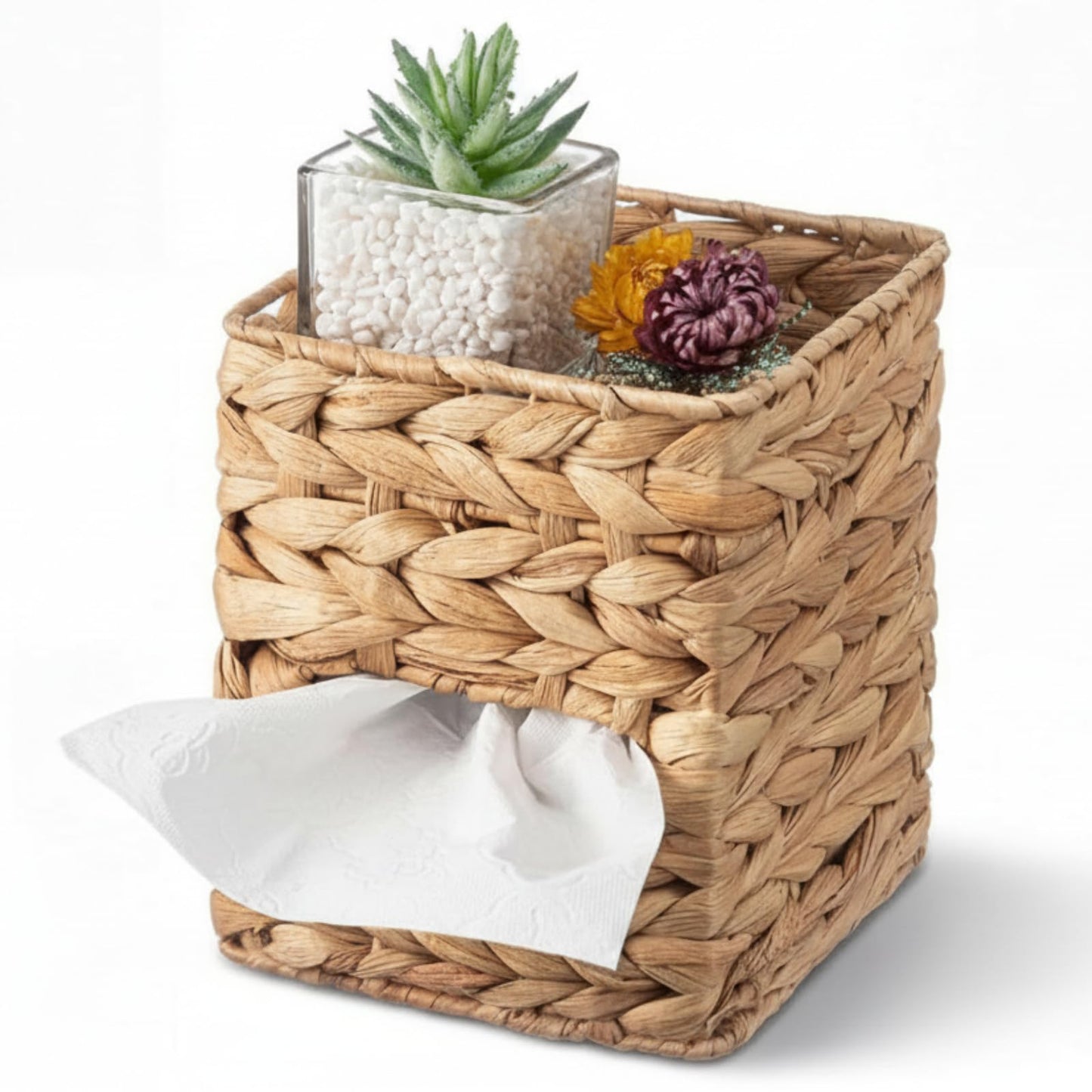 BrightRow Water Hyacinth Tissue Box Cover with Storage Tray, Rattan Wicker Box Holder Boho Handwoven Napkin Organizer for Desktop, Nightstand and Bathroom, Natural Modern Home Decor