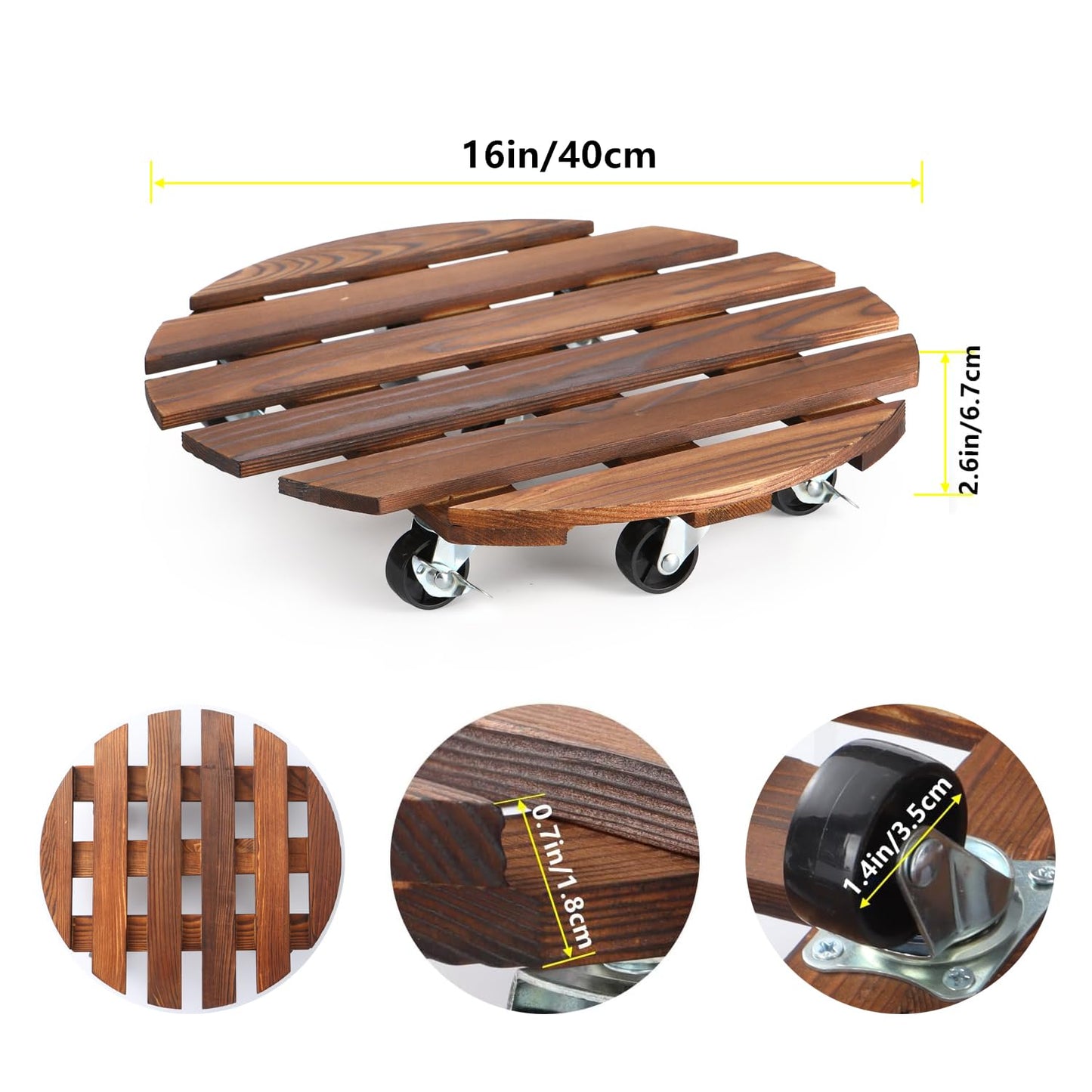 2 Pack 16" Plant Caddy with 7 Wheels, Rolling Plant Stand 500 LB Heavy Duty Wooden Round Plant Dolly with Metal 360° Lockable Caster Wheels for Outdoor Indoor Large Plant Pots, Flower Pot, Patio
