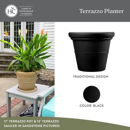 The HC Companies Terrazzo Large Round Plastic Plant Pot w/Rolled Rim - Lightweight & UV Resistant Gardening Pot for Herbs & More - Outdoor & Indoor Plant Pots w/Drainage (20”, Black, Pack of 2)