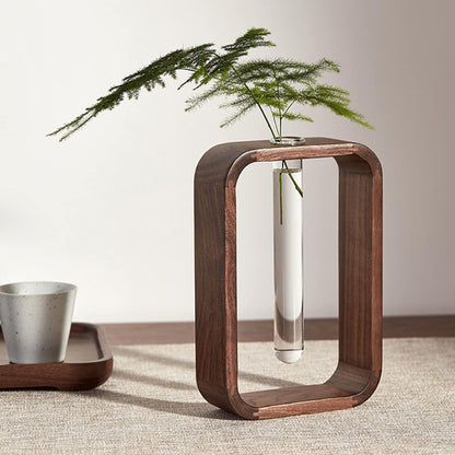 TREELF Transprent Glass Vase Test Tube Vase Hydrophilic Plants Vase Plant Holder Walnut Wooden Frame Flower Stand Table Garden Bonsai Decor,Gifts for Women, Home Office Decor Planter (Small)