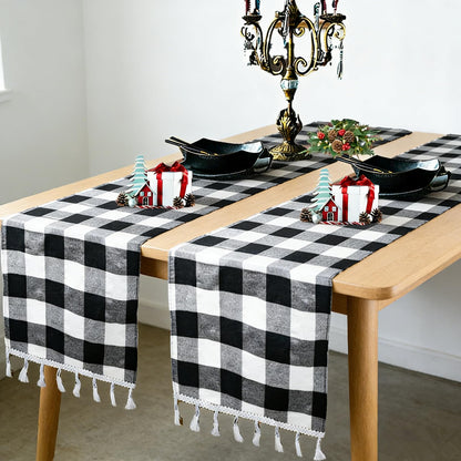 DUOBAO Black and White Checkered Table Runner 108 inches Long Halloween Tablecloth-Runners Buffalo Plaid Fabric with Tassels Gingham for Tables Outdoor Indoor Wedding Birthday Party (2pcs 14x108-Inch)