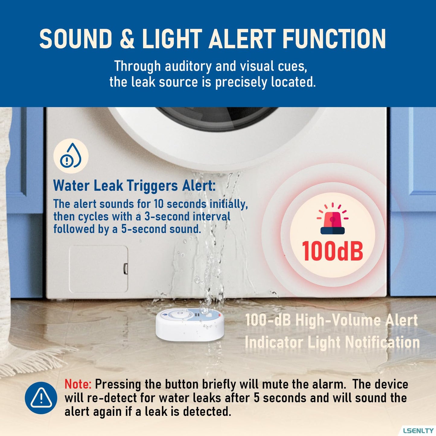 LSENTLY Water Leak Detector Supports 5 Years Standby Time, LED Indicator & 100dB Leak Alarm & Low Battery Reminder Water Alarm, IP66 Waterproof for Home, 8 Pack (Cannot Connect Wi-Fi)