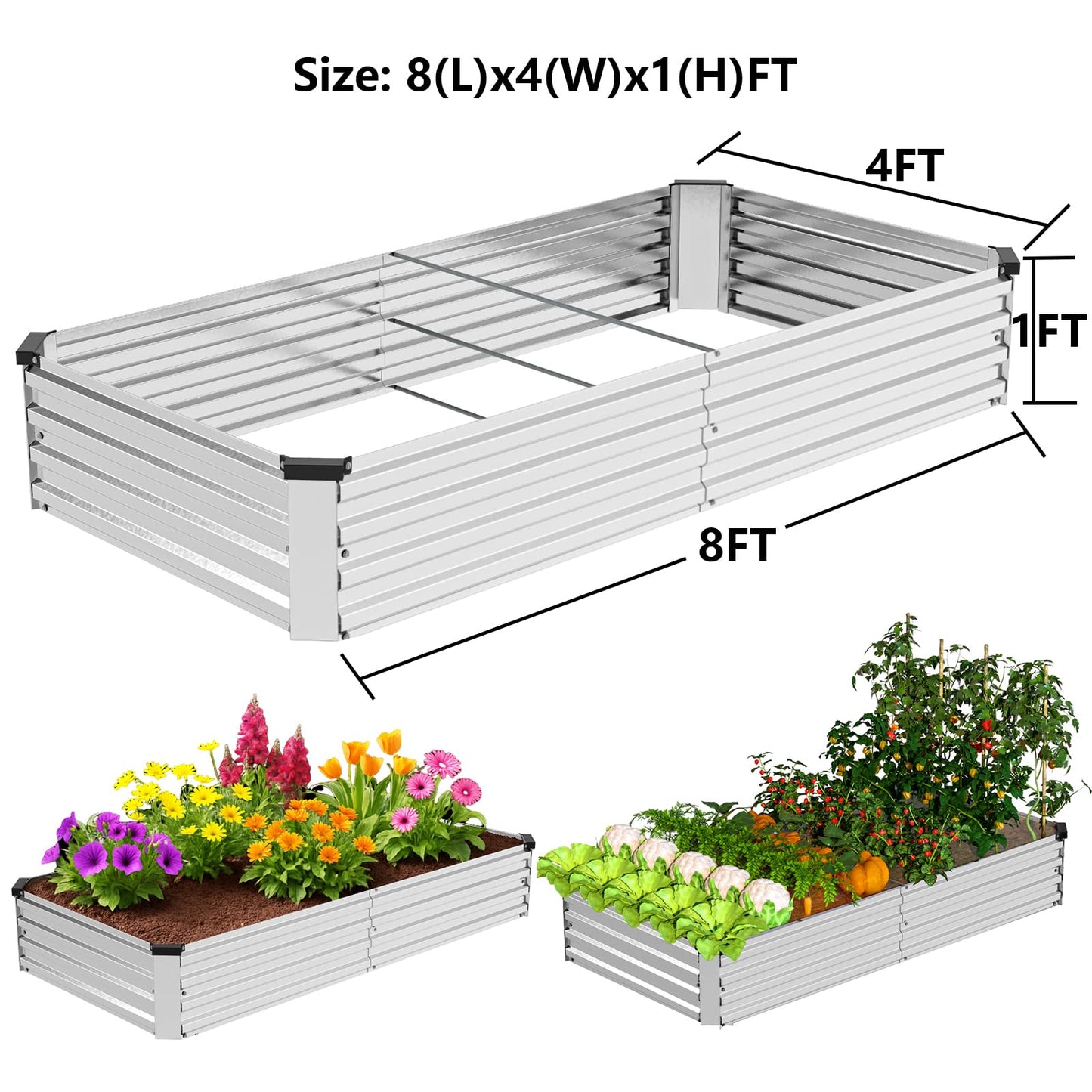 Bujijun 2 Pack 8x4x1FT Galvanized Metal Raised Garden Bed Kit for Vegetables, Herbs, Open-Bottom Large Capacity Outdoor Planter Box Gardening Stakes, Silver
