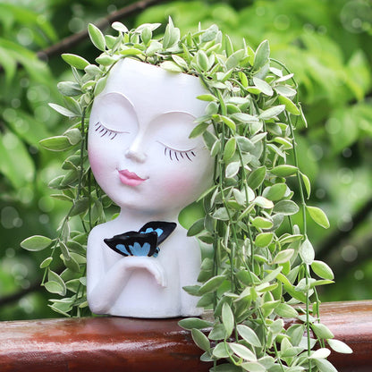 WEWEOW Face Planter/Flower Pot for Indoor Outdoor Plants Resin Succulent Planter with Drainage Hole Cute Lady Face Plant Pots