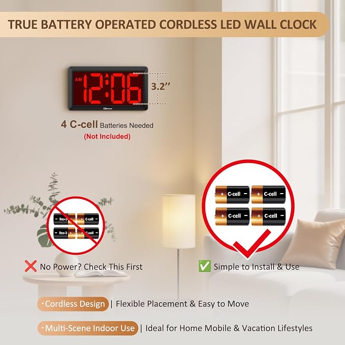 Soobest 9.5 Inch LED Digital Wall Clock Battery Operated, Auto & Manual Dimmer Display, Easy to Read Big Digits with Alarm for Seniors, Modern Decor for Living Room, Bedroom, Office (3.2" Numbers)
