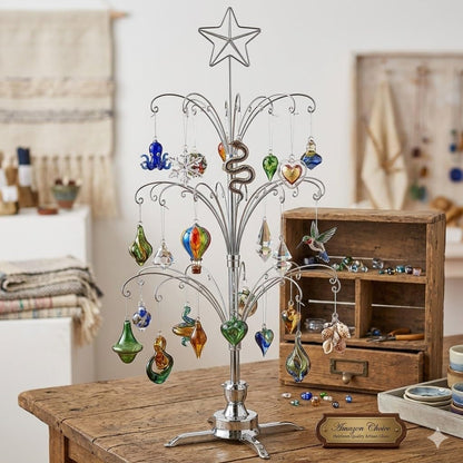 HOHIYA 47" Rotating Ornament Display Tree with 60 Hooks Heavy Duty Metal Christmas Ornament Stand Silver Rotating Display Rack for Glass Ornaments Holiday Decor Craft Show & Year Round Display