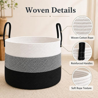 JMvicyroam 115L Extra Large Blanket Basket for Living Room - Woven Cotton Rope Laundry Hamper with Reinforced Handles - Storage Bin for Pillows, Comforters & Toys - Machine Washable,White&Black Mix