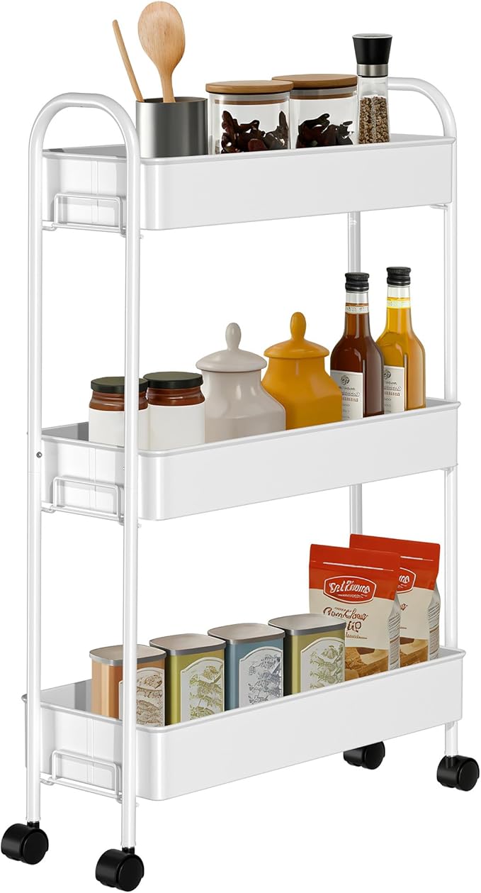 Slim Rolling Cart, Metal Frame Utility Rolling 3-Tier Narrow Storage Cart with Handle Kitchen Storage Organizer, Mobile Shelving Unit for Bathroom Kitchen
