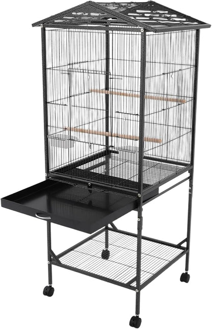 53.5 Inch Iron Bird Cage, Large Parakeet Cages with Play Open Top and Rolling Stand, Bird House with Detachable Stand and Pull-Out Tray for Cockatiels, Parrots, Lovebirds, Canaries (Black, Style A)