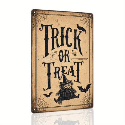 Trick or Treat Halloween Scarecrow Pumpkin Retro Metal Tin Sign Wall Art Decor for Front Door Home Farmhouse Halloween Party Indoor Outdoor 8x12 Inch