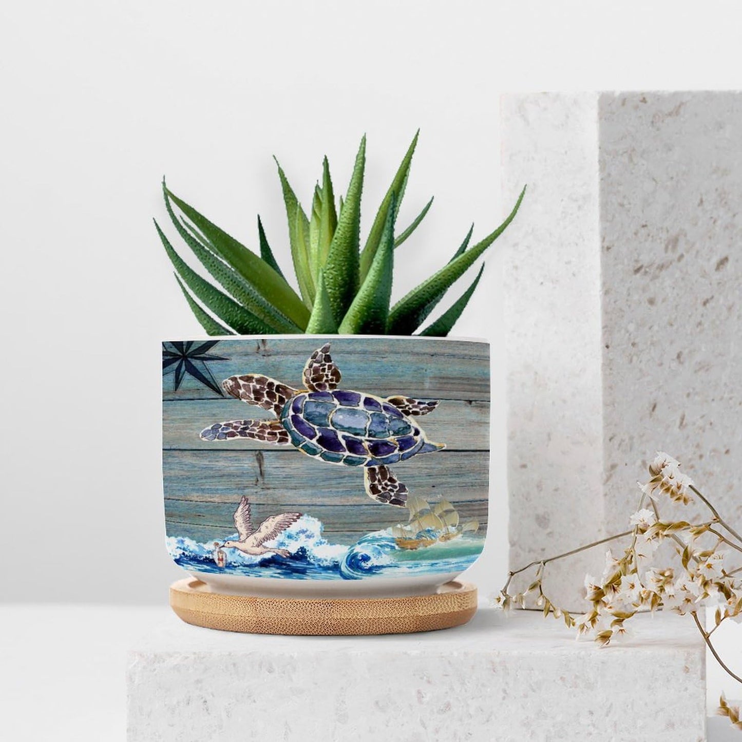 DreamAutumn Ocean Theme Sea Turtle Planter Ceramic Round Plant Pots with Drainage Holes and Bamboo Tray Planting Small Flower Pots for Home Windowsill Desk Garden Indoor Outdoor Use