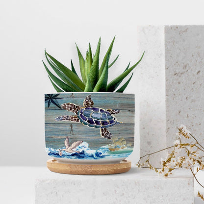 DreamAutumn Ocean Theme Sea Turtle Planter Ceramic Round Plant Pots with Drainage Holes and Bamboo Tray Planting Small Flower Pots for Home Windowsill Desk Garden Indoor Outdoor Use