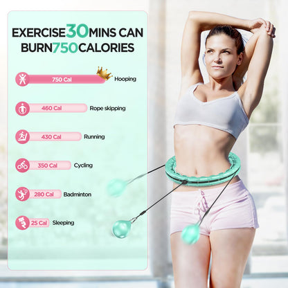 APzek 32 Knots Weighted Exercise Hoop Detachable & Adjustable for All People, No Falling Plus Size Smart Huula Hoop, 2 in 1 Abdomen Fitness Massage with Spinning Ball - Green