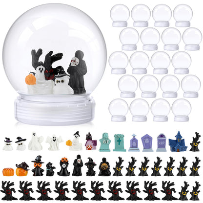Qinyoung 60 Pcs Halloween DIY Snow Globe Kit, 3.9 Inch Clear Plastic Snow Globes with Resin Halloween Ornaments, Pumpkin Ghost Tombstone Witch Tree Miniatures for DIY Craft, Party Decor Gift
