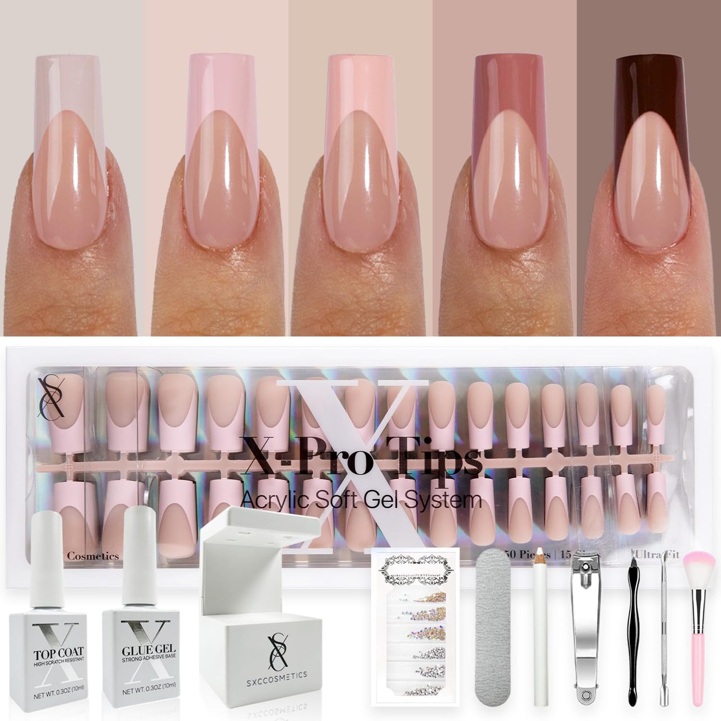 SXC Cosmetics French Tip Press On Nails - Skin Tone Nude and Color Series, Short Coffin X-Pro Tips Starter Kit ST119KIT