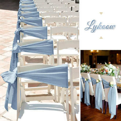Lykoow 100 Pcs Satin Chair Sashes 78 inch for Wedding Reception Party Hotel Home Kitchen Decoration-Dusty Blue