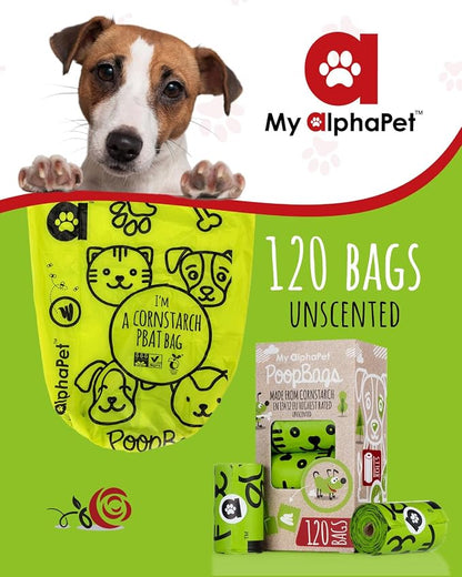 Compostable Dog Poop Bags, Cornstarch Eco-Friendly, HOME COMPOST NF T 51-800, 120 Count, Large Size Bag 9x13 Inches, 8 Unscented Refill Rolls, Leak-proof, Plantbased, GM-Free Corn