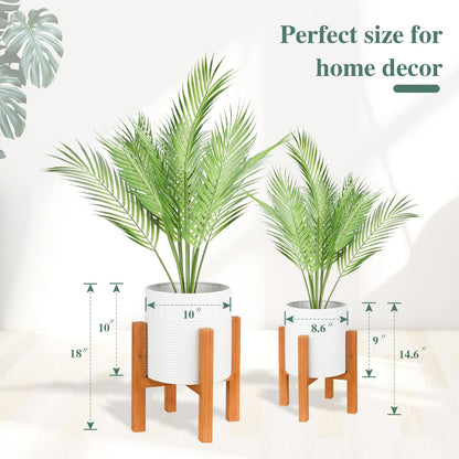 Chonsun 2-Piece White Metal Planter Set with Wood Stand, Indoor Mid Century Modern Planters with Drainage, 8" & 10"