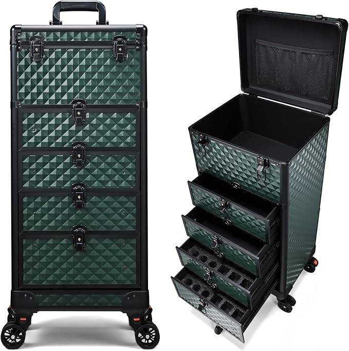 Yueieoun Nail Salon Cart with 4 Drawers,Rolling Makeup Train Case for Beauty,Cosmetology Case on Wheels Trolley Cart,Lockable Organizer Travel Case for Manicure/Face Painting/Hairstylist,DARK GREEN