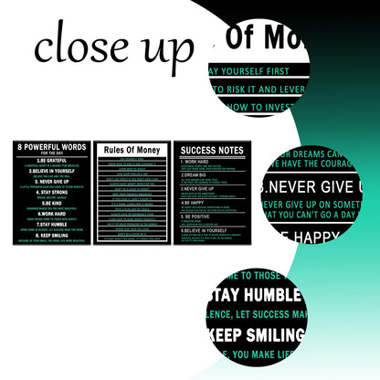 PSYYSP 3 Piece Canvas Wall Art Life Upgrade Money Rules Success Notes Posters, Black Teal Motivational Triptych Wall Decor for Office, Bedroom, Dorm, Framed Canvas 36x16inch