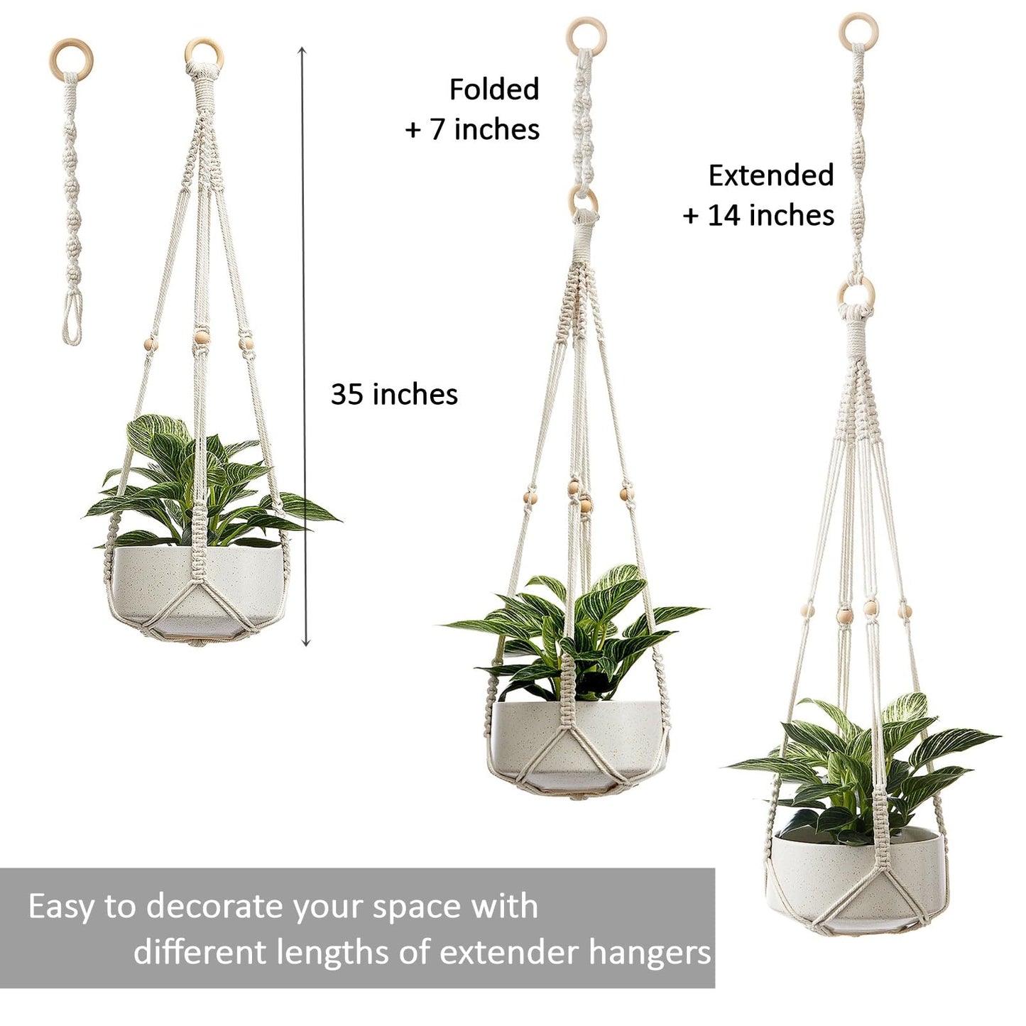 CADNLY Macrame Plant Hangers Indoor – Rope Hanging Plant Holder with Extender - Boho Hanging Planters Indoor - White Macrame Hanger Outdoor Flower Pot Holder from Ceiling Wall 3 Pack 6 Hooks