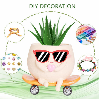 Funny Smily Face Planter Pot with Drainage Hole for Indoor and Outdoor Unique Resin Rolling Skate-Shaped Succulent Flower Pots Novelty Gift for Valentine's Day, Home Decors