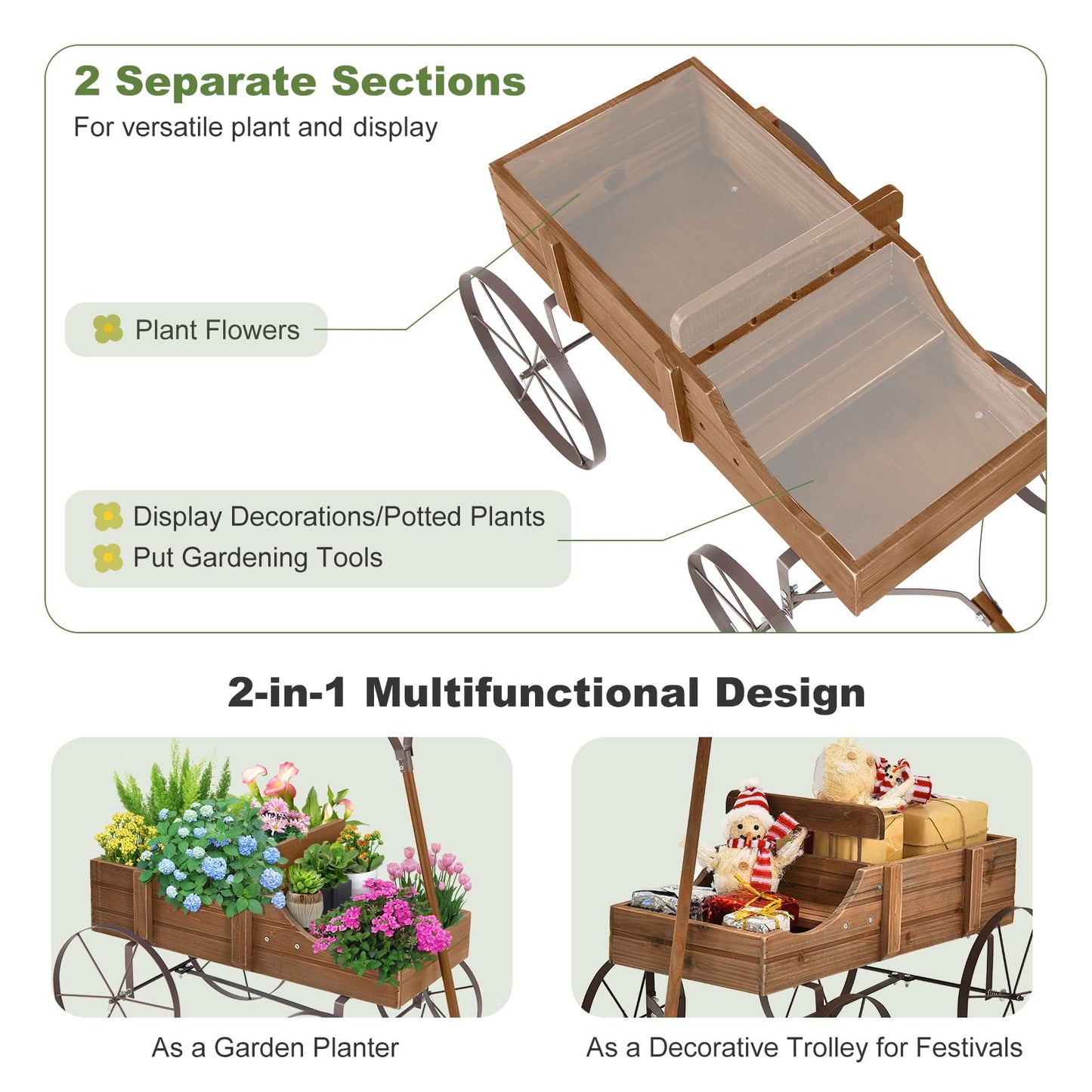 FIREFLOWERY Wooden Wagon Planter, Decorative Flower Pots w/ 2 Planting Sections, Wheels & Handle, Rustic Farmhouse Garden Planter Box for Patio, Yard, Porch (Walnut)