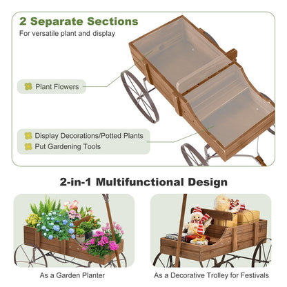 FIREFLOWERY Wooden Wagon Planter, Decorative Flower Pots w/ 2 Planting Sections, Wheels & Handle, Rustic Farmhouse Garden Planter Box for Patio, Yard, Porch (Walnut)