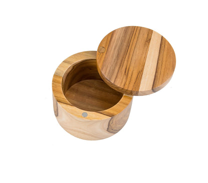 Lipper International Teak Wood Salt or Spice Box with Swivel Cover, 3.6" Diameter x 2.375" Tall